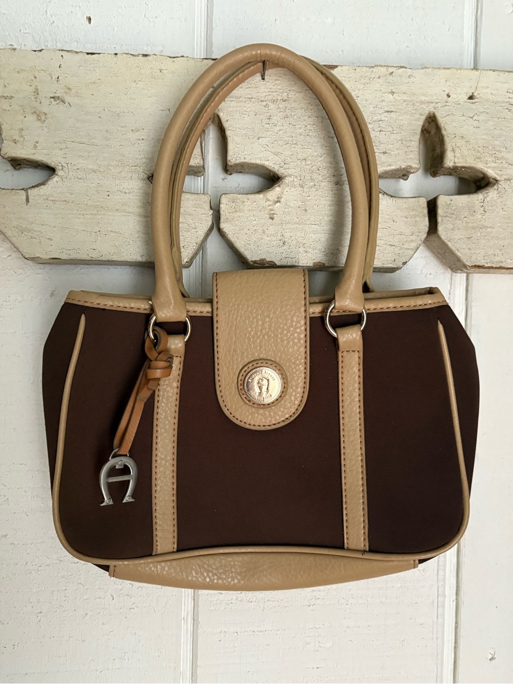 Vintage Etienne Aigner Brown and Tan Leather-Trim Handbag